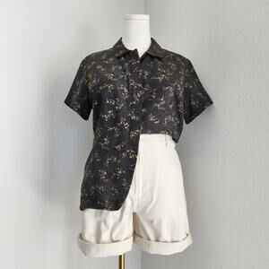 Vintage 90s Black Tan Floral Short Sleeve Button Up Blouse Fitted Rena Rowan L